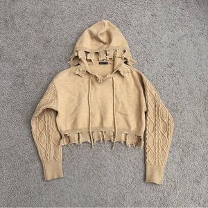 Hot & Delicious Distressed Cable-Sleeve Cropped Hoodie Sweater Tan Womens S